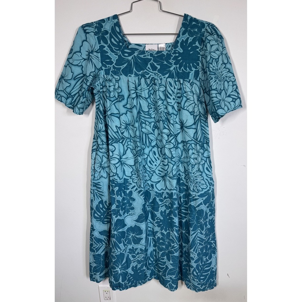 The Vermont Country Store Blue Floral Ombre 100%Cotton Midi Muumuu Womens M Boho